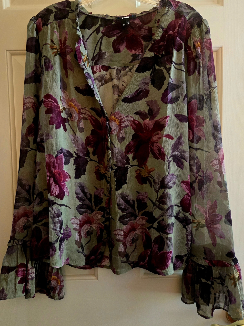 Paige Sage Green Floral Blouse with Plum Accents